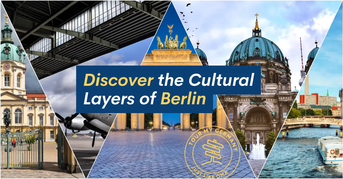 Collage of Berlin landmarks including Charlottenburg Palace, Tempelhof Airport, Brandenburg Gate, Berlin Cathedral, and the Spree River with the TV Tower in the background.