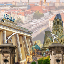 Collage of iconic Berlin landmarks including the Brandenburg Gate, Berlin Cathedral, Kaiser Wilhelm Memorial Church, and city skyline