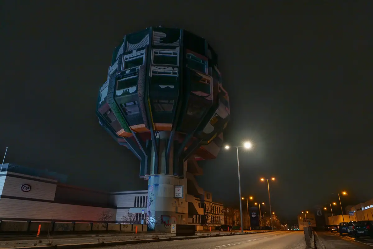 Bierpinsel Bierpinsel tower at night in Berlin’s Steglitz district, unique brutalist architecture landmark