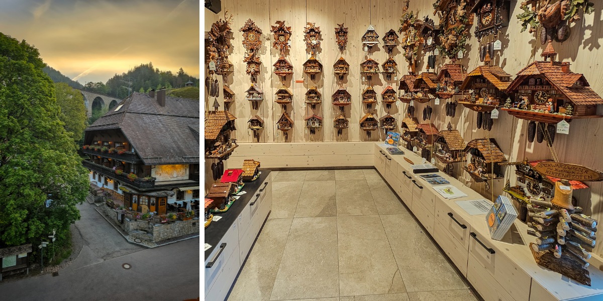Hotel in the Black Forest and on-site shop selling cuckoo clocks. Hotel in the Black Forest and a shop with various cuckoo clocks.