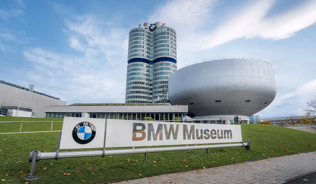 Exterior of the BMW Museum and BMW headquarters tower in Munich, Germany.