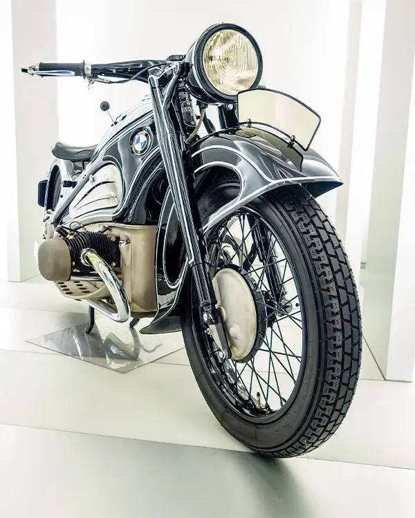Vintage BMW R7 motorcycle on display in the BMW Museum in Munich.