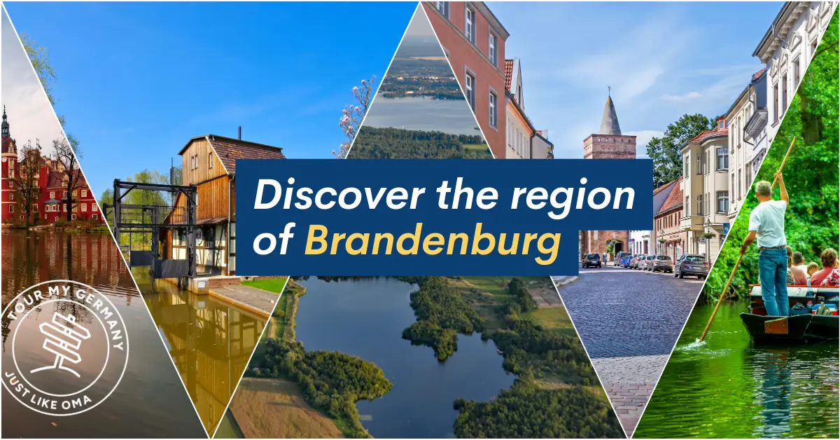 Collage of scenic spots in Brandenburg, including a castle, lake, village streets, and traditional punting boat rides through a canal.