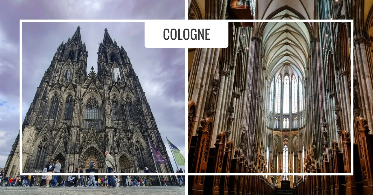 Cologne Cathedral from the outside and in. A split image of Cologne Cathedral, showing its towering Gothic exterior on the left and the high vaulted interior arches with stained glass windows on the right.