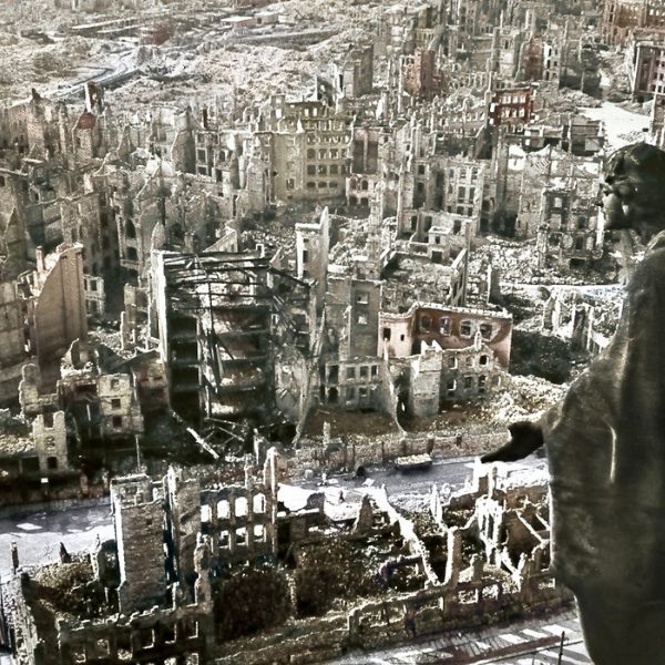 Aerial view of city blocks in ruins after bombing in Dresden during World War 2
