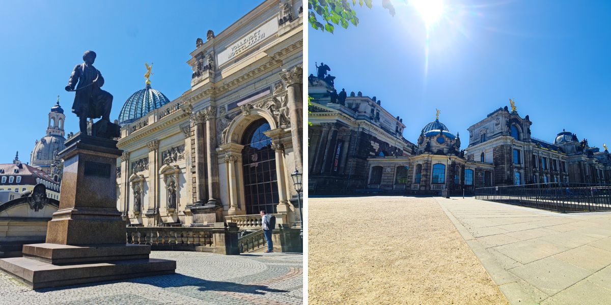 Two images of Bruhl's Terrace with old ornate buildings and statue