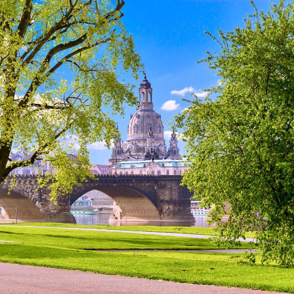 Frauenkirche peaking through the trees behind a bridge and river in Dresden