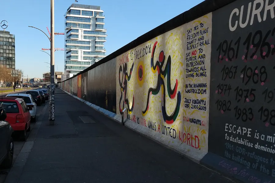 Freedom mural and painted timeline dates on the East Side Gallery section of the Berlin Wall