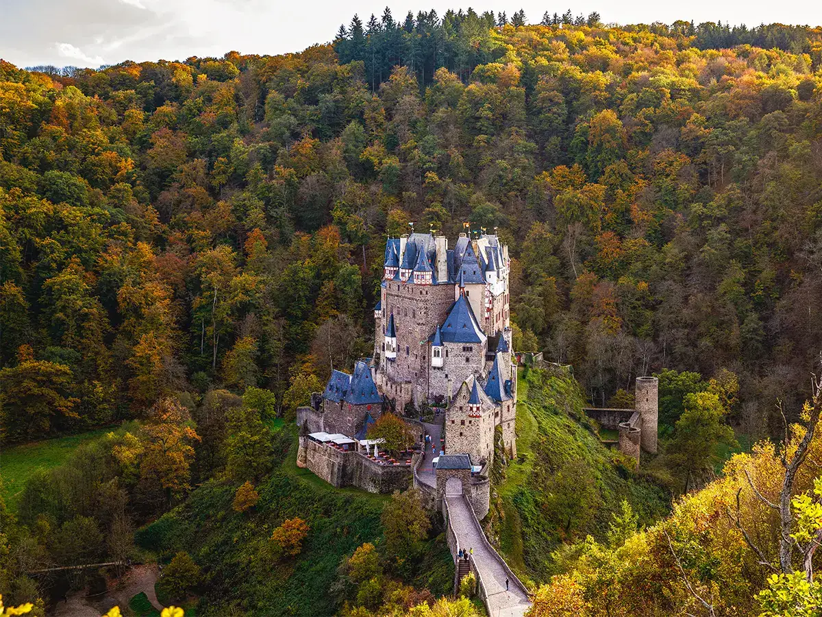 A medieval-style castle surrounded by dense, colorful autumn foliage, with a walkway leading to its entrance.