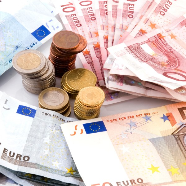 Various denominations of euros. Various denominations of coins and notes in euros.