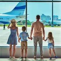 Family of four facing a large airport window, watching planes on the tarmac, evoking anticipation and travel.