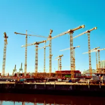 Row of tall yellow construction cranes at a modern urban building site under a bright blue sky