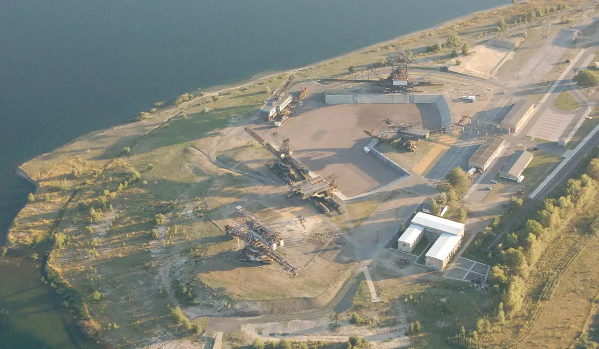 Ferropolis Aerial view of Ferropolis open-air museum with giant mining machines in Saxony-Anhalt, Germany