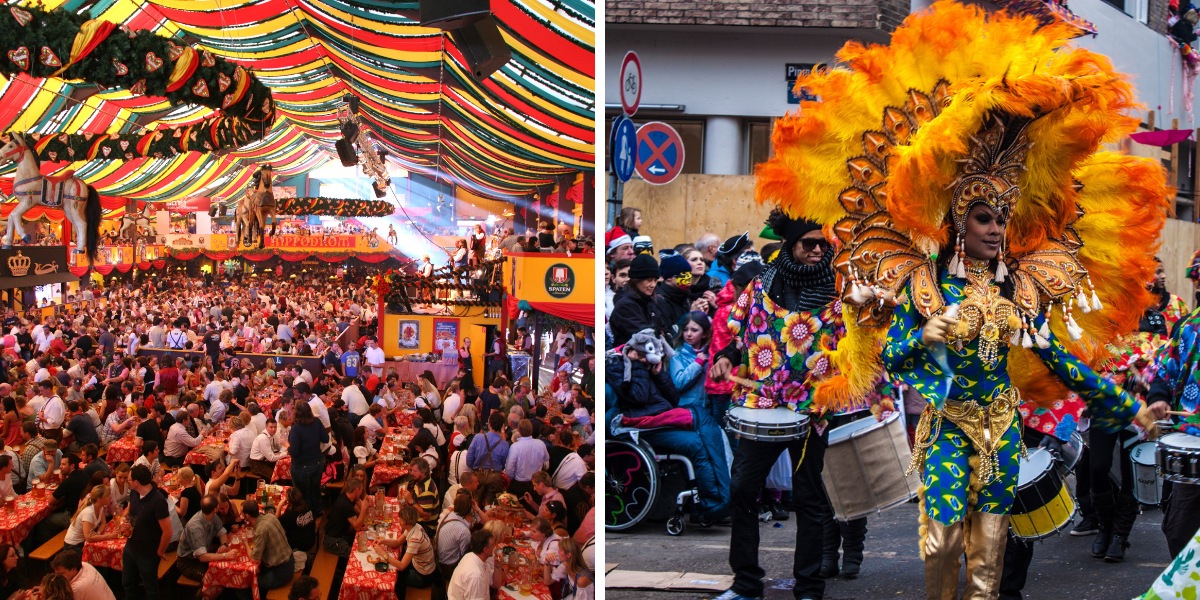 Oktoberfest and Cologne's Carnival Festivals People celebrating the Oktoberfest and Cologne Carnival Festivals.