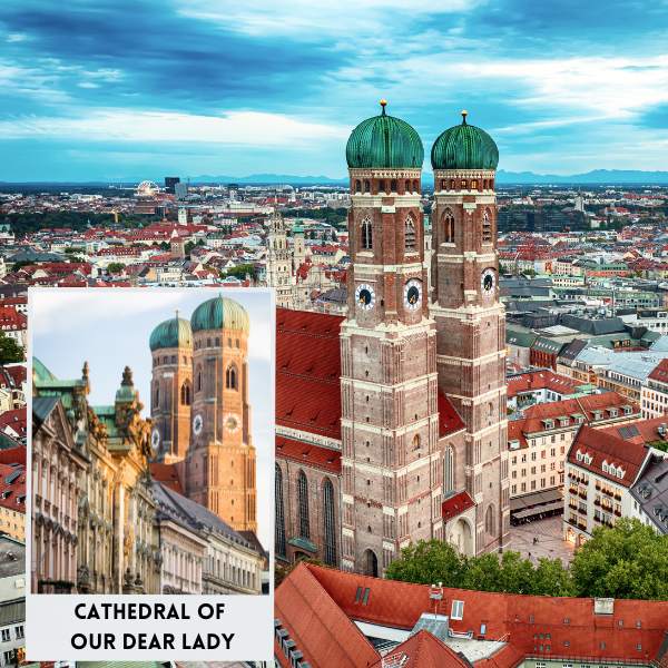 Frauenkirche Cathedral (Cathedral of Our Dear Lady) towering over the city of Munich, Germany Frauenkirche Cathedral (Cathedral of Our Dear Lady) towering over the city of Munich, Germany