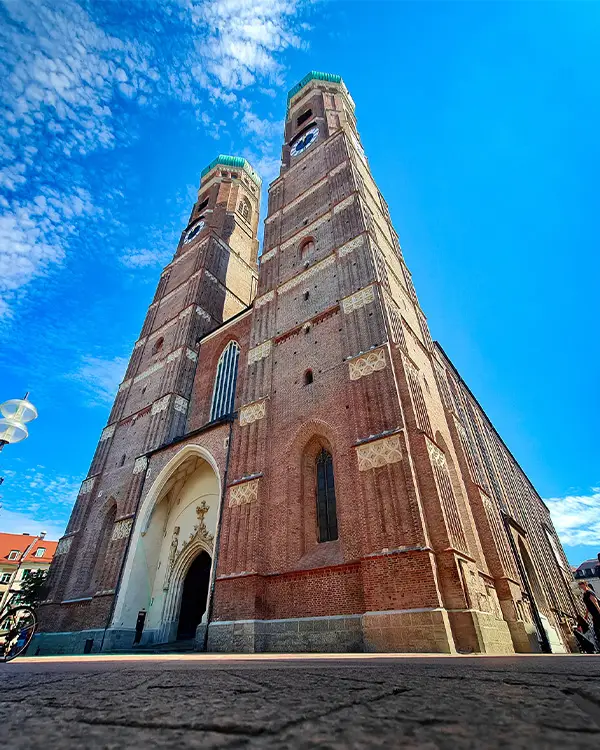 Exterior of Frauenkirche, the iconic twin-domed cathedral in Munich, Germany.
