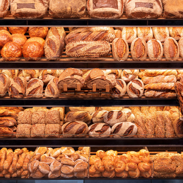assorted buns and breads in a German bakery
