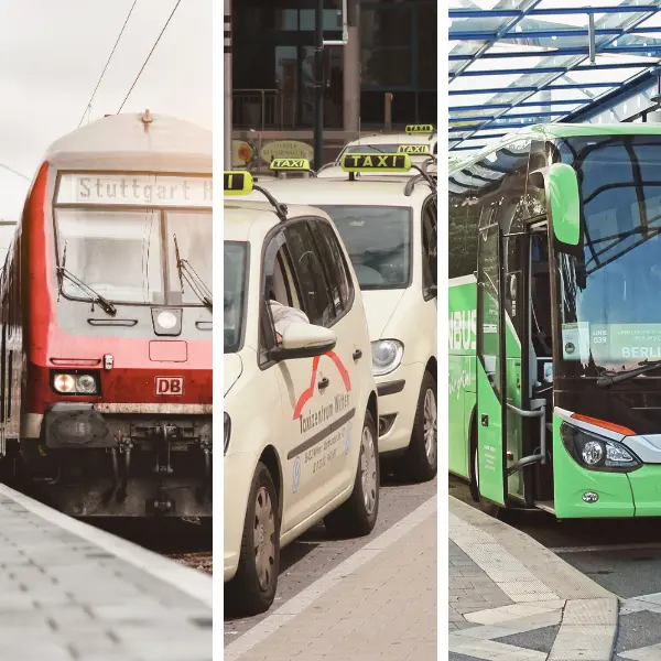 An image split into three sections shows a train, taxis, and a bus, representing various modes of public transportation. The train is marked "Stuttgart," taxis have roof signs, and the bus is labeled "Berlin.