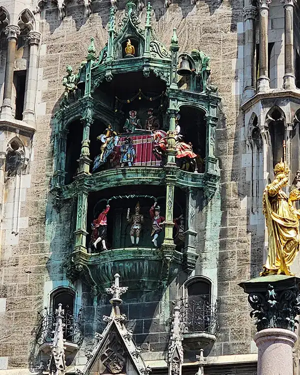 Munich’s Rathaus-Glockenspiel at New Town Hall, a popular attraction in Marienplatz.