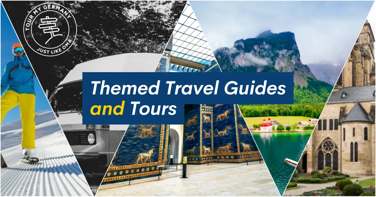 A diagonal collage featuring a skier, camper van, Ishtar Gate, alpine lake, and medieval cathedral, overlaid with text “Themed Travel Guides and Tours” and the Tour My Germany logo.