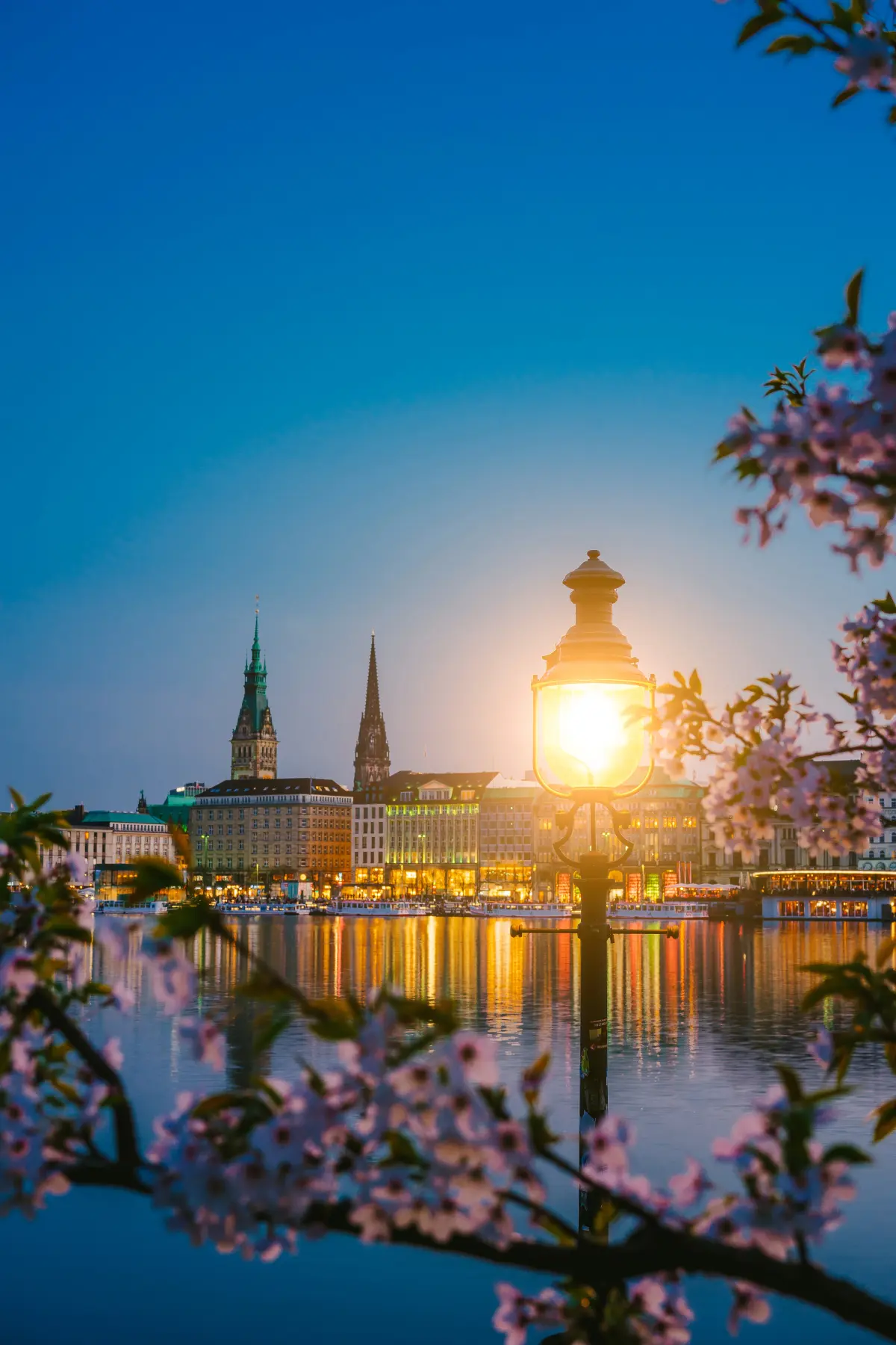 Lake with streetlight and Hamburg skyline at dusk.