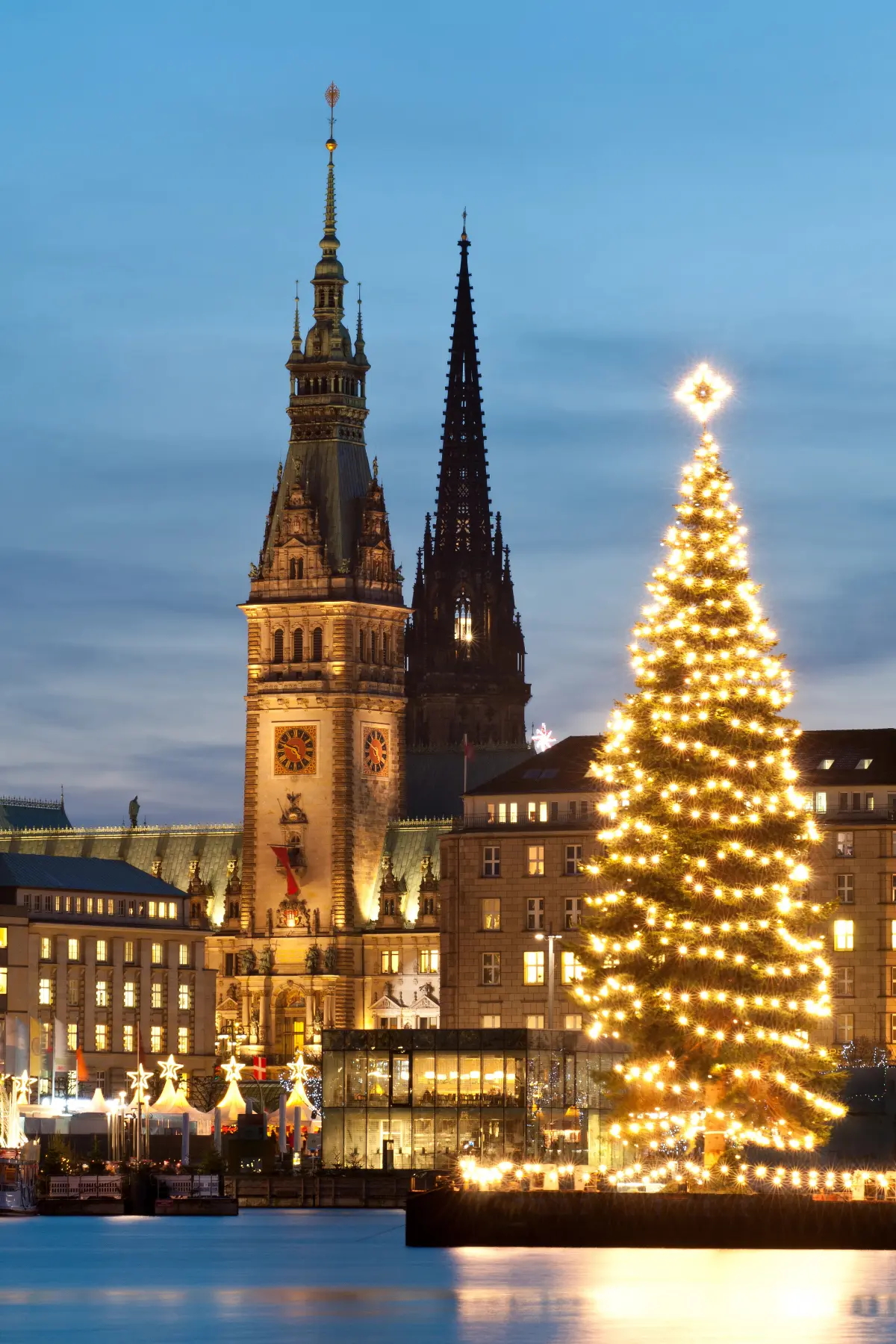 Christmas tree and old building spires at dusk in Hamburg