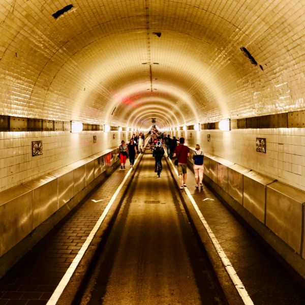 Hamburg tunnel with warm lights