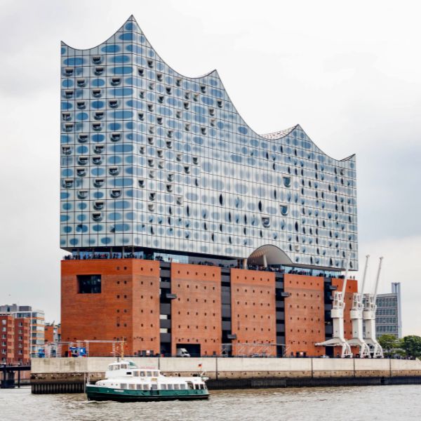 Glass-topped warehouse along river
