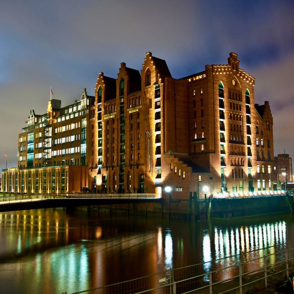 Maritime Museum in warehouse along river at night