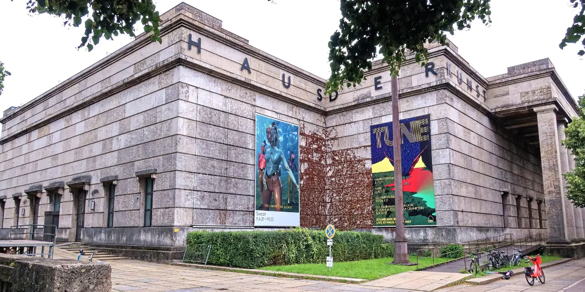 Grey brick building of the Haus der Kunst in Munich, Germany