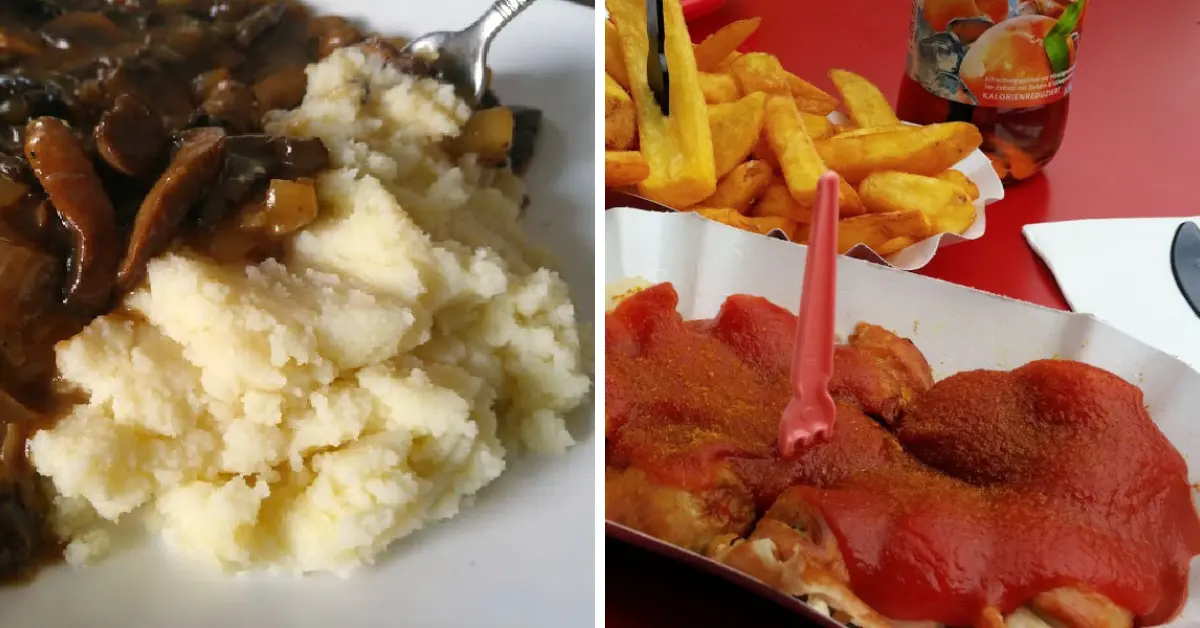 Heaven and Earth & Currywurst dishes Image split into two: on the left, mashed potatoes with a brown sauce with mushrooms, on the right, fries, currywurst with ketchup, and a beverage on a red table.