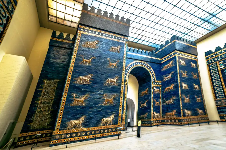 Blue and gold tiled Ishtar Gate of Babylon reconstructed inside the Pergamonmuseum in Berlin