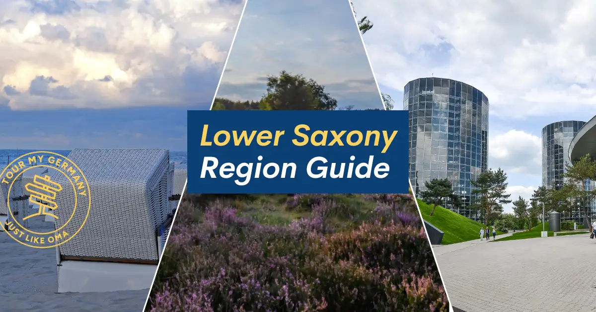 A collage of Lower Saxony highlights featuring beach chairs on the North Sea, blooming purple heathland, and the modern glass towers of the Autostadt in Wolfsburg, Germany.