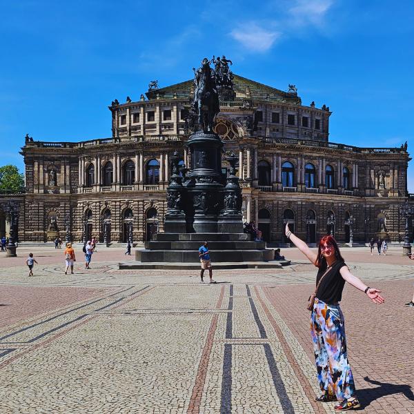 Me posing in front of the King Johann von Sachsen statue in Dresden's city center, Germany. Lydia in Dresden Germany