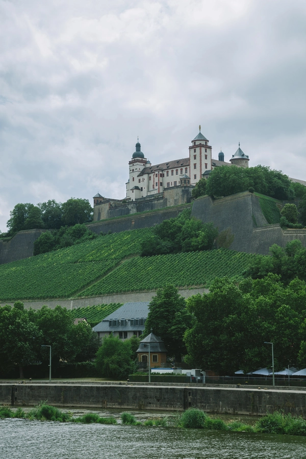 Marienberg Castle sits atop a hill with green vineyards on a cloudy day.