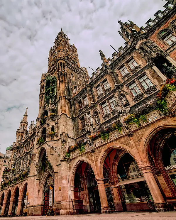 View of Marienplatz, the central square in Munich, Germany, surrounded by historic buildings.
