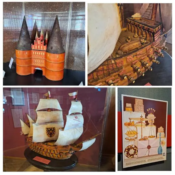 Niederegger Museum in Lübeck Four images show intricate edible sculptures: a castle, close-up of a ship, a full ship, and a display of decorated cakes at the Marzipan Museum in Lübeck.