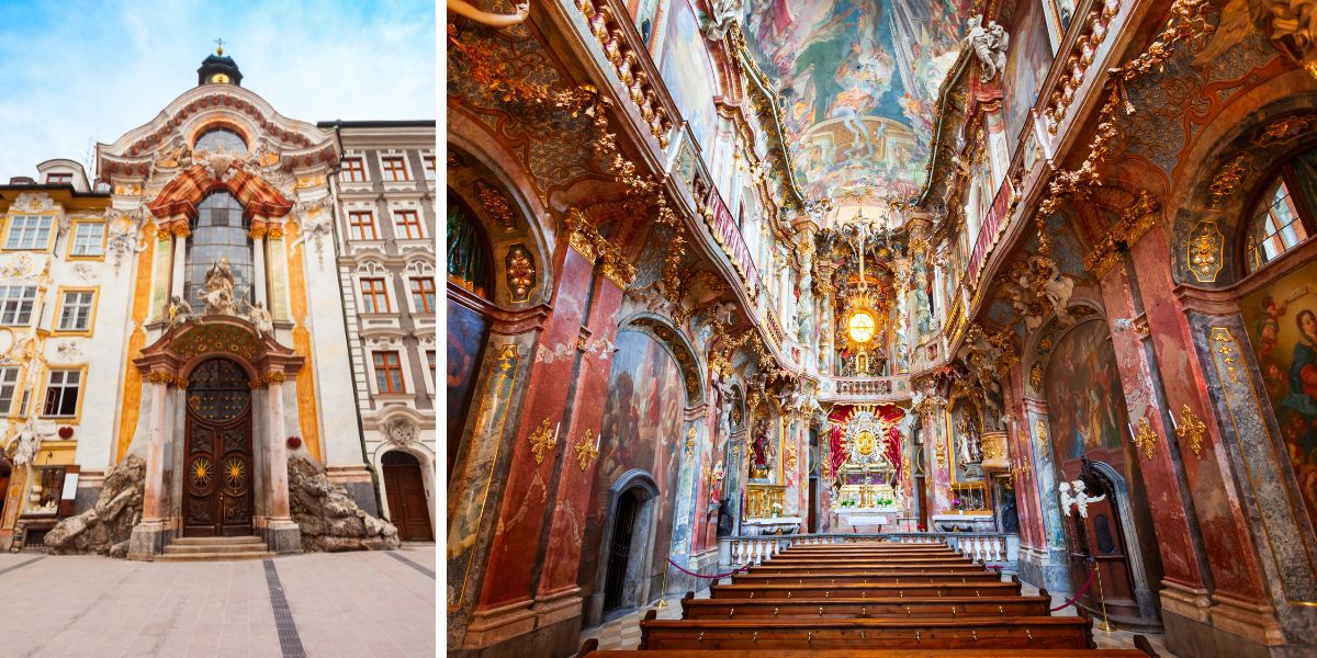 Photo collage of the Asamkirche in Munich with Baroque style front facade and painted ceiling with sculptures inside