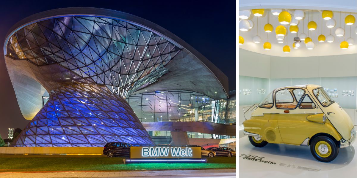 photo collage of Munich BMW World futuristic building at night and a tiny yellow car in a white room with lighted ceiling