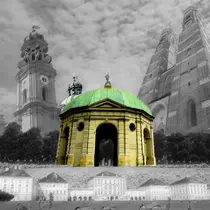 The Diana Temple in Munich’s Hofgarten, glowing in color against a grayscale collage of Munich landmarks like Theatinerkirche and Frauenkirche.