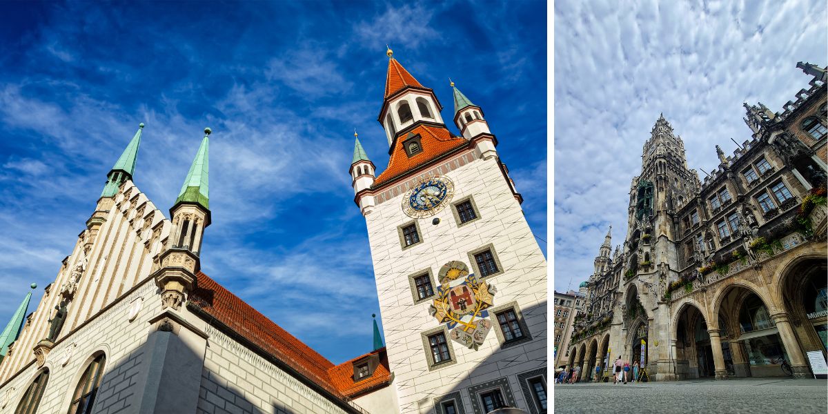 Photo collage of Munich Old Town Hall with white building and red roof against a blue sky and the New Town Hall with highly detailed stonework exterior against a cloudy sky