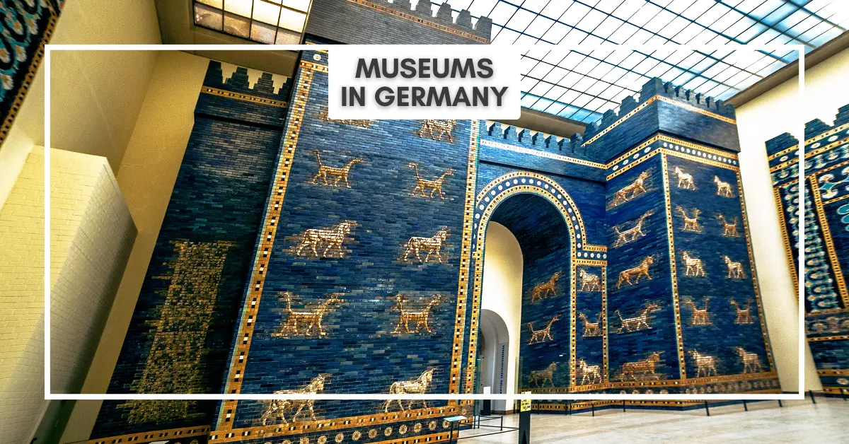 Ishtar Gate at the Pergamon Museum in Berlin. The Ishtar Gate, a blue-tiled ancient structure with animal motifs, displayed in a museum setting under a skylight.