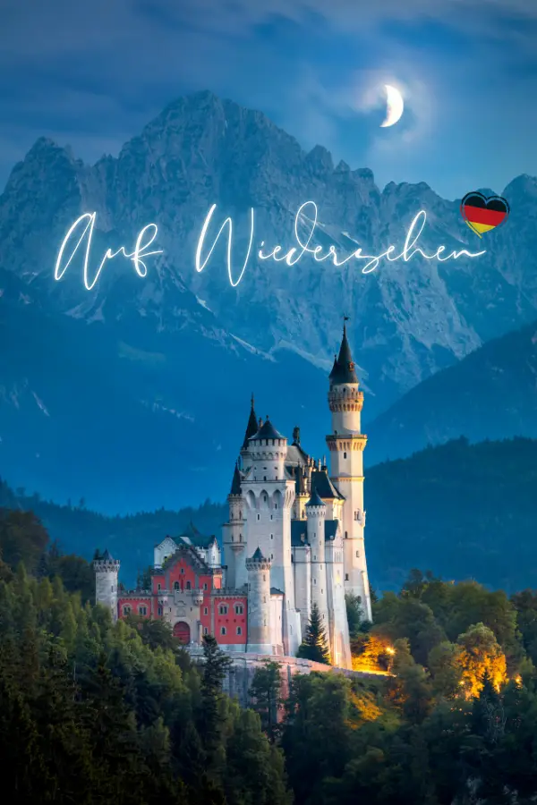 A castle with a forest and mountains in the background, a crescent moon in the sky, text "Auf Wiedersehen," and a heart-shaped German flag.
