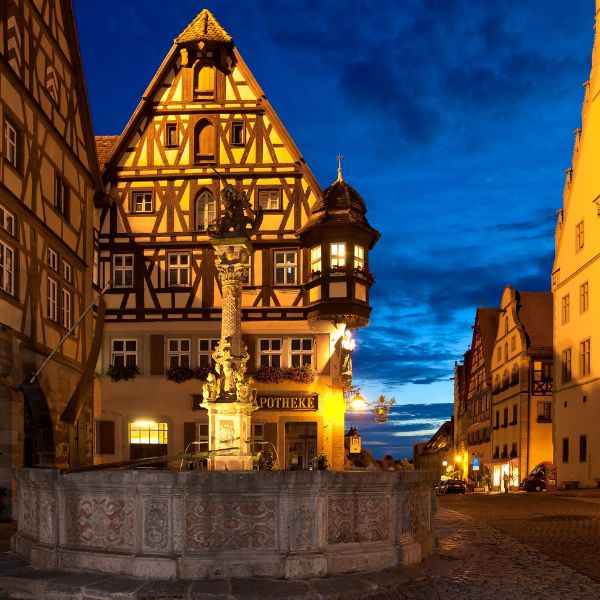 Half-timbered buildings in market square in Rothenburg, Germany