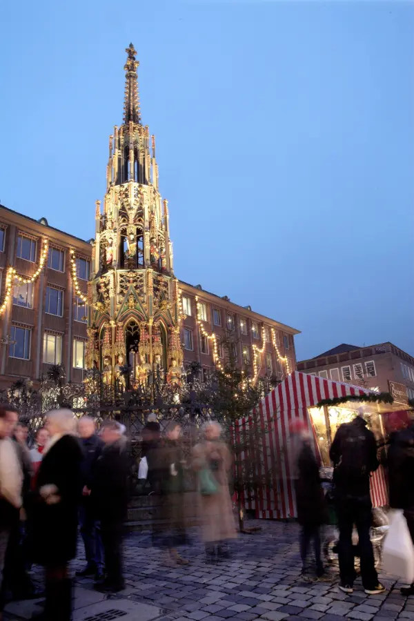 Nuremberg Christmas Market with rows of red-and-white stalls and the famous Christkind opening ceremony.