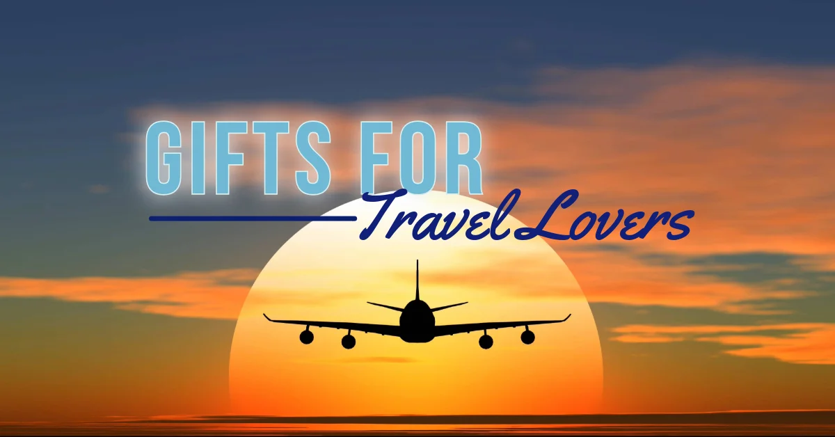 Give the gift of easy travel. plane taking off into orange sunset