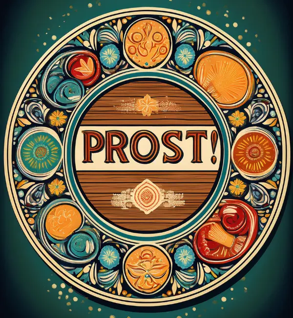 Circular design with intricate, colorful patterns and the word "PROST!" in the center, against a teal background.