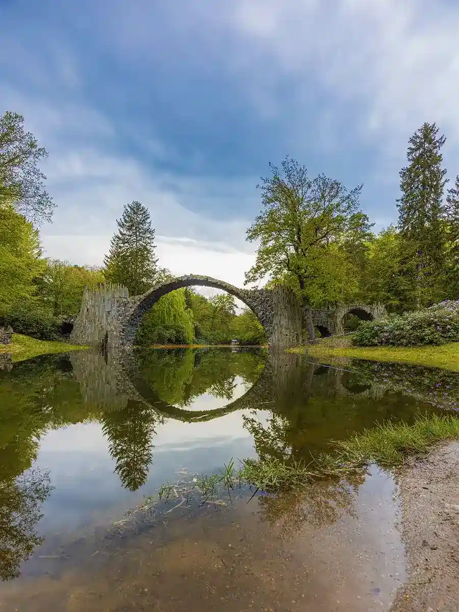 Stone arch bridge reflected in a calm pond, surrounded by lush green trees under a partly cloudy sky.