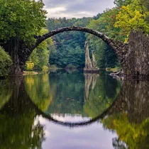 Perfect circular reflection of Rakotzbrücke (Devil’s Bridge) in a calm forest lake surrounded by lush greenery