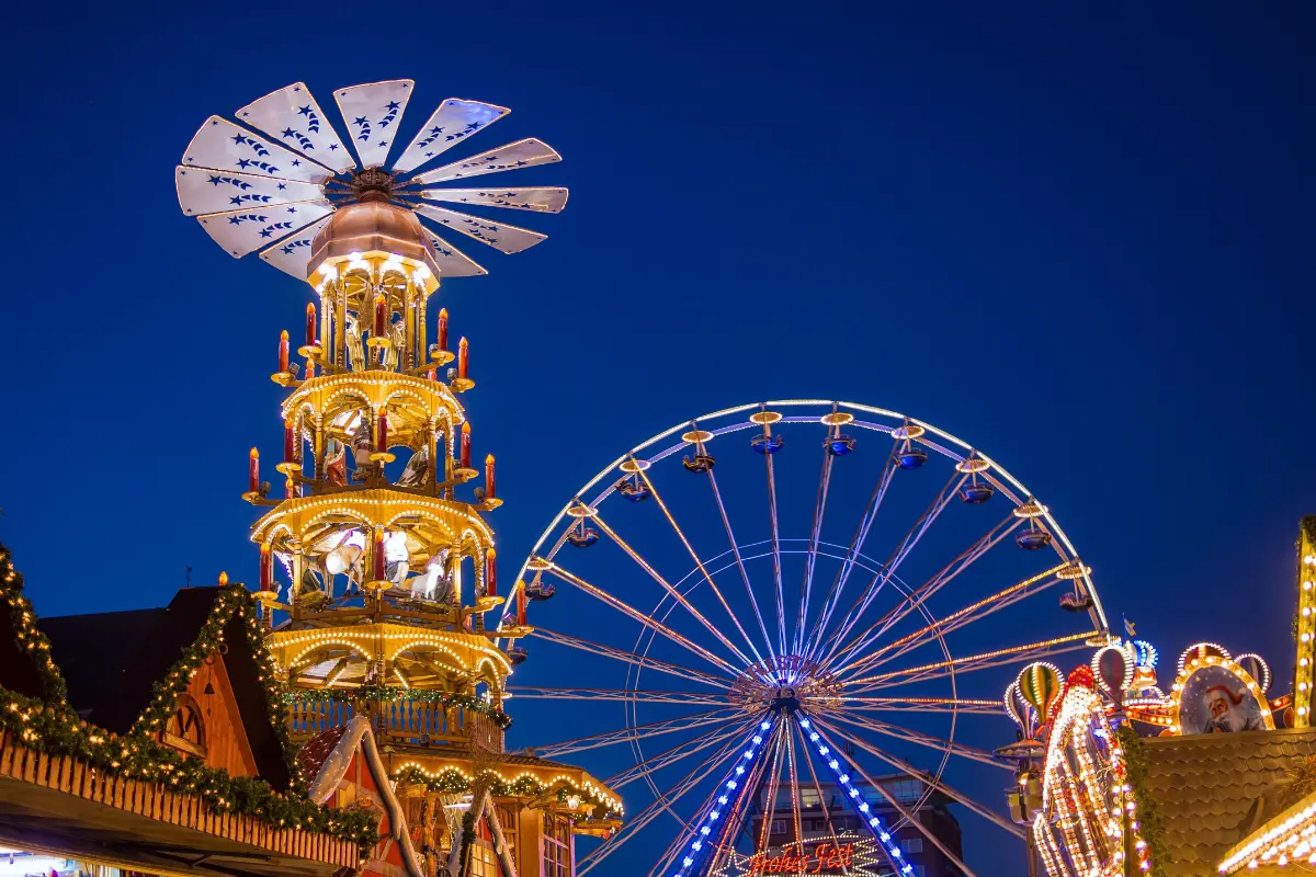 Rostock Christmas Market with maritime flair and a Ferris wheel offering panoramic views of the harbor.